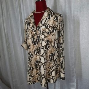 ELLEN TRACY Beige/Black ANIMAL PRINT 3/4 Sleeve Button Down Shirt S  Polyester